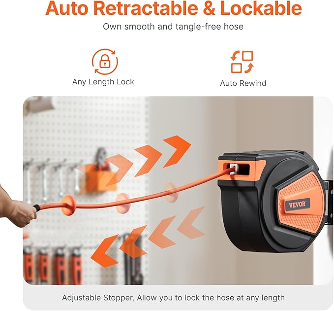 VEVOR Retractable Air Hose Reel, 3/8IN x 65FT Hybrid Air Hose Max 300PSI, Air Compressor Hose Reel Auto-Rewind with 6.6 FT Lead in, Ceiling/Wall Mount Enclosed PP Reel & Built-in 180° Swivel Bracket