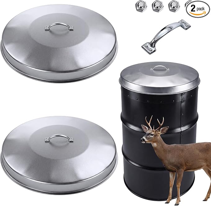 2 Pack White 55 Gallon Drum Lid with Handle Feeder Part Steel 3 Deep Heavyweight 9 lb Heavy Duty Waterproof Dustproof for Deer Turkey Feeder Fit Most 55 Gallon Rain Barrel