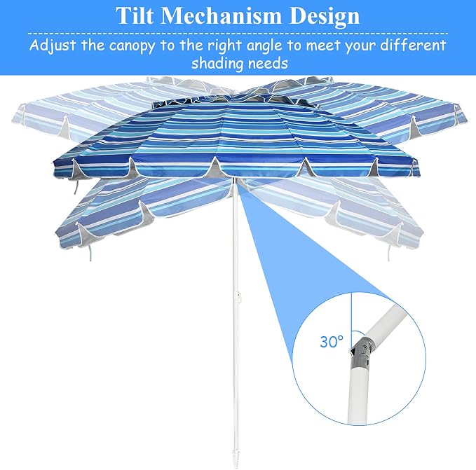 Tangkula 8FT Navy Blue Beach Umbrella, Portable with Sand Anchor, Fade Resistant Canopy, Sturdy Fiberglass Ribs, Outdoor Sunshade Umbrella