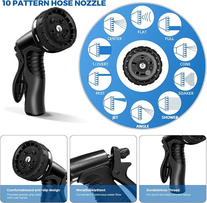 100 ft Expandable Garden Hose with 10-Function Spray Nozzle – Flexible Water Hose with 3/4" Solid Brass Fittings, 3750D Extra-Strong Fabric, 5-Layer Latex Core, Leakproof & Kink-Free Expanding Hose