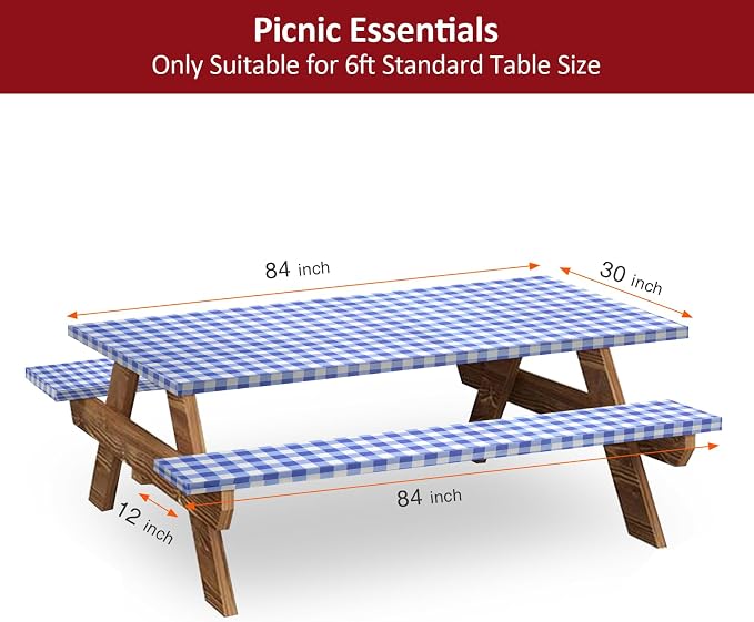 7ft Picnic Table and Bench Cover, Camping Essentials RV Gear, 84 in Waterproof Windproof Outdoor Elastic All Around Tablecloth, Fitted Rectangle Tables and Seats, Blue-White Checkered