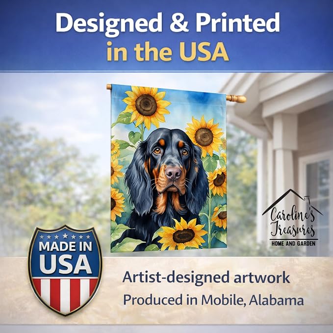 Caroline's Treasures DAC6090CHF Gordon Setter in Sunflowers House Flag Large Porch Sleeve Pole Decorative Outside Yard Banner Artwork Wall Hanging, Polyester, House Size, Multicolor