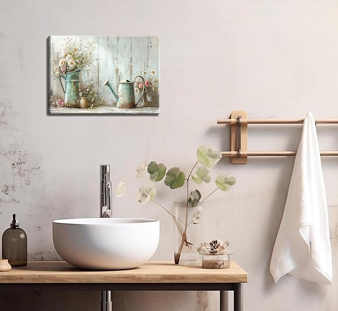 Farmhouse Flower Bathroom Canvas Wall Art Vintage Floral Decor Pictures White Daisy Flowers Watering Can Posters Prints for Bathroom Toilet Washroom Lavatory Home Decoration