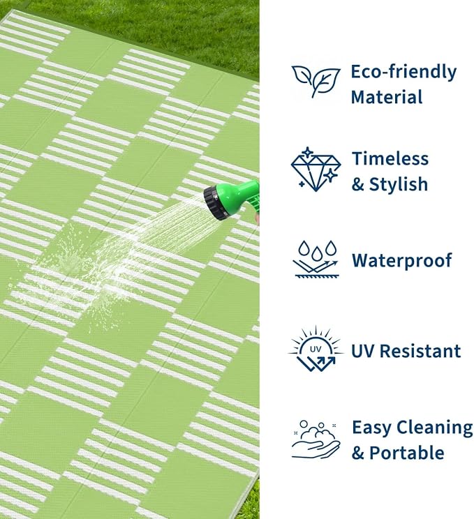 Garvee Waterproof Outdoor Rug 8x10, Checkered Foldable Plastic Straw Patio Camping Rug, Outdoor RV Carpet for Deck Camper Porch Balcony Backyard Picnic Beach Green and White