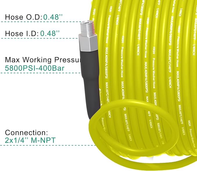 Selkie Pressure Washer Sewer Jetter Kit - 50Ft X1/4" Hydro Drain Jetter Cleaner Hose, Corner, Rotating and Button Nose Sewer Jetting Nozzle Waterproof Tape,Orifice 4.0 4.5,1/4 Inch NPT,5800 PSI