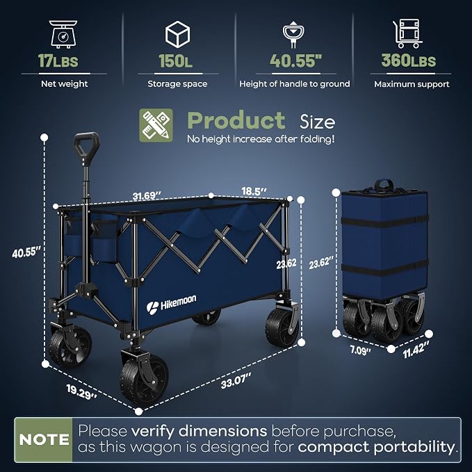 Hikemoon 150L Collapsible Wagons Carts Foldable, 360LBS Heavy Duty Folding Beach Cart with Big All-Terrain Wheels, Portable Utility Wagon for Grocery, Shopping, Garden, Sports, Blue