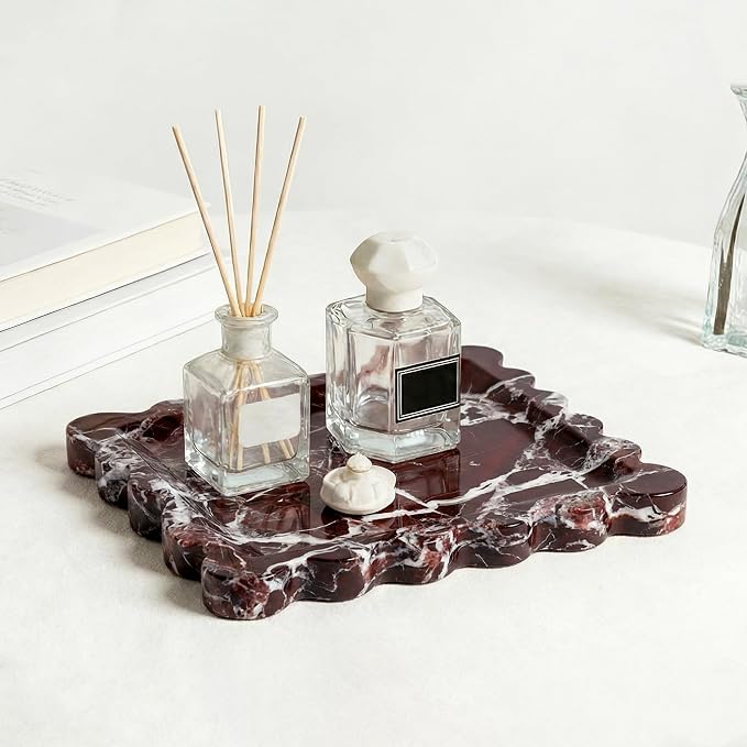 Scalloped Square Marble Decorative Tray, Natural Stone Vanity & Jewelry Tray, Trinket Organizer for Ring, Key, Dresser, Nightstand, Bathroom Counter & Kitchen Sink(Rosso Lepanto)