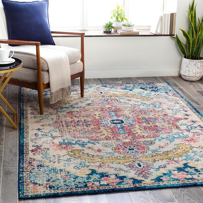Livabliss Area Rugs - 8x10 Odelia Vintage Boho Aqua Burgandy Blue Area Rug for Living Room Bedroom - Floral Medallion Stain Resistant Carpet for Kitchen, Nursery, Office (7'10" x 10')