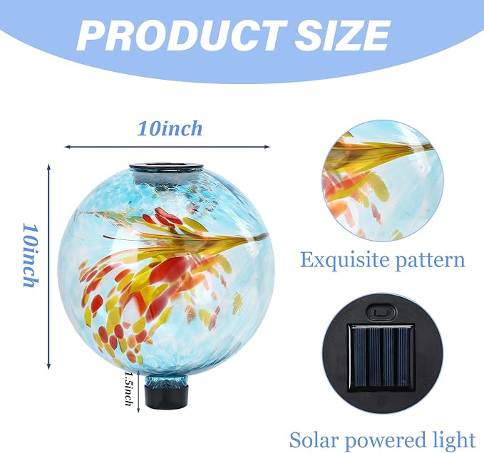 Solar Gazing Ball, 10" Glass Reflective Garden Globe for Outdoor Lawn Decor | Gazing Ball, Glass Solar Orb Gazing Ball Ornament for Garden Yard Home Table Outdoor Decoration, Blue
