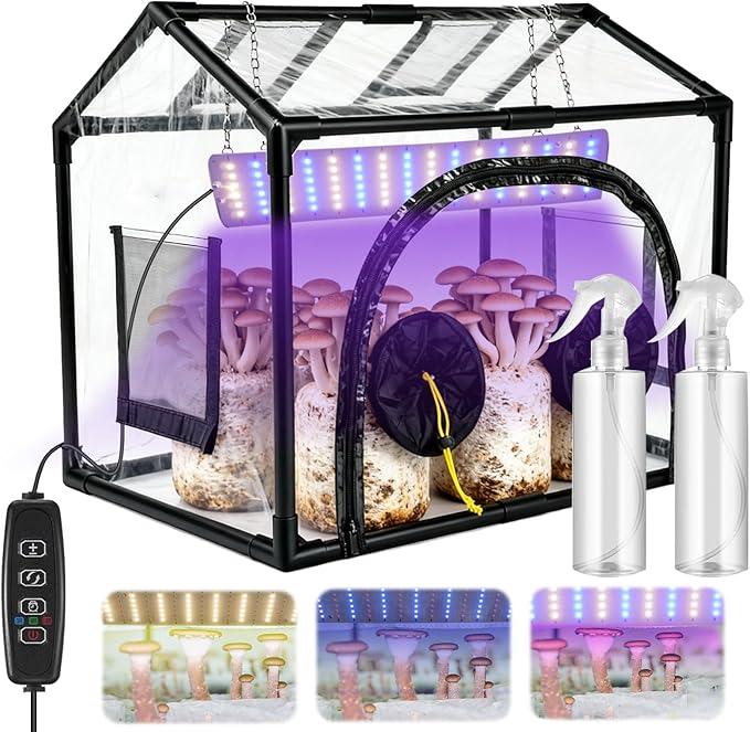 Mushroom Grow Tent Still Air Box for Mycology Mushroom Grow Bags, Clean Air Workstation with Blue White Growing Light, 2 Spray Bottle, Waterproof Mat for Grow Bags, Growers, Home Scientists
