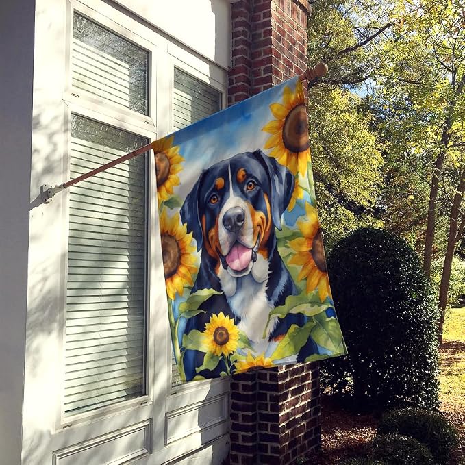 Caroline's Treasures DAC6094CHF Greater Swiss Mountain Dog in Sunflowers House Flag Large Porch Sleeve Pole Decorative Outside Yard Banner Artwork Wall Hanging, Polyester, House Size, Multicolor