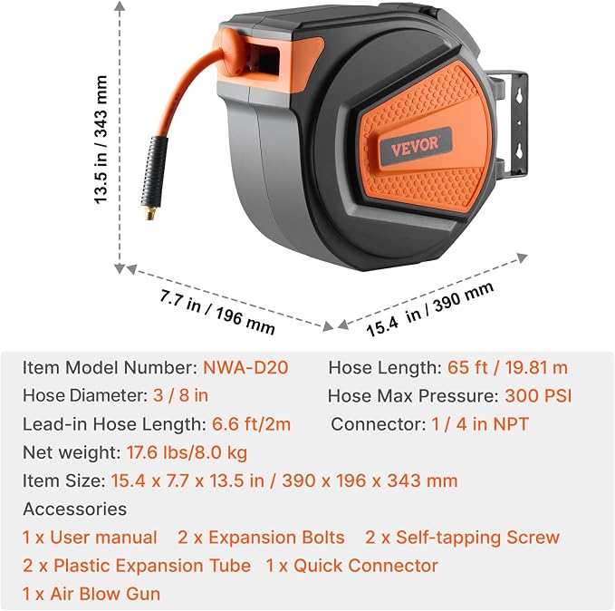 VEVOR Retractable Air Hose Reel, 3/8IN x 65FT Hybrid Air Hose Max 300PSI, Air Compressor Hose Reel Auto-Rewind with 6.6 FT Lead in, Ceiling/Wall Mount Enclosed PP Reel & Built-in 180° Swivel Bracket