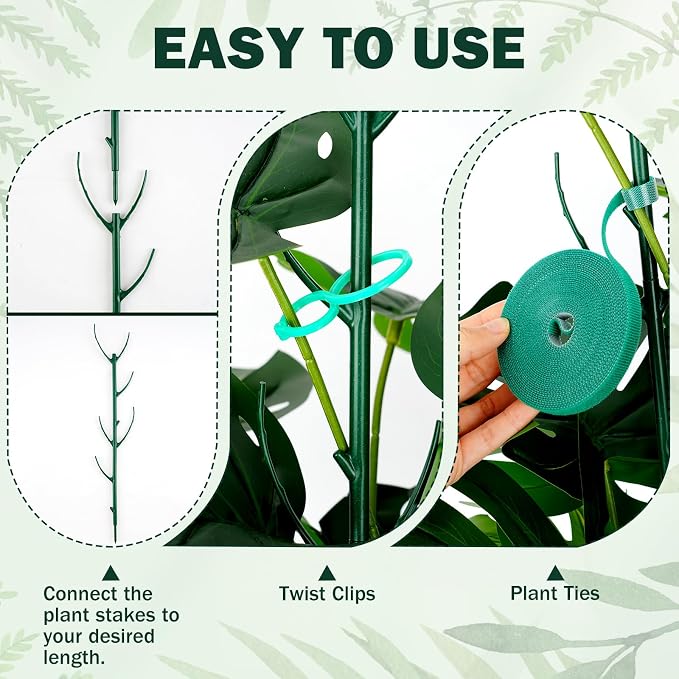 20Pack Monstera Plant Support Stakes, Stackable Plant Support Stakes in Bulk, with 20 Twist Clips & 16.4FT Plant Ties, Plant Stakes for Outdoor Indoor Potted Plants Reusable Climbing Plant Support