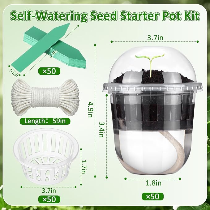 50 Pcs 3.7 Inches Clear Hydroponic Pots Kit Includes Self Watering Nursery Cups with Humidity Domes, Grow Baskets & Absorbing Wicks Reusable Seed Pots for Indoor Plants Herbs Seedling