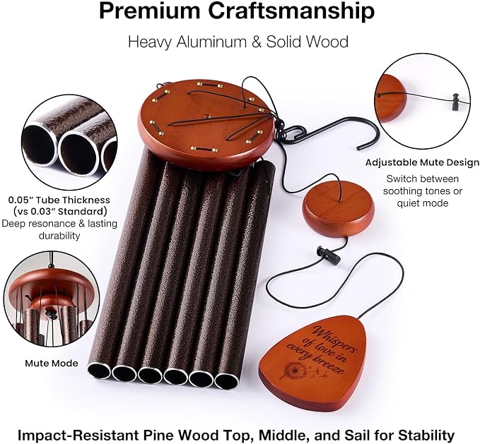 Sympathy & Memorial Wind Chimes for Outside – Deep Tone Aluminum Chimes with Mute Feature, Inspirational Quote, Feather & Dandelion Art Wooden Sail, Garden Decor (Reddish Bronze, 37 Inch)