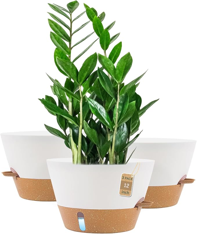 12 Inch Self Watering Pot with Visual Water Window, Drainage Holes & Watering Lip, Set of 3 Large Plastic Planters for Indoor Outdoor Plants, Modern Decorative Flower Pot (White)