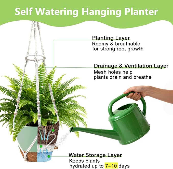 Hanging Planters for Indoor Plants: 2 Pack Macrame Plant Hangers with Grow Lights and Self-Watering Pots, Large Hanging Pots with Drainage Holes & Removable Tray（10in Green Pot, Daylight Spectrum）