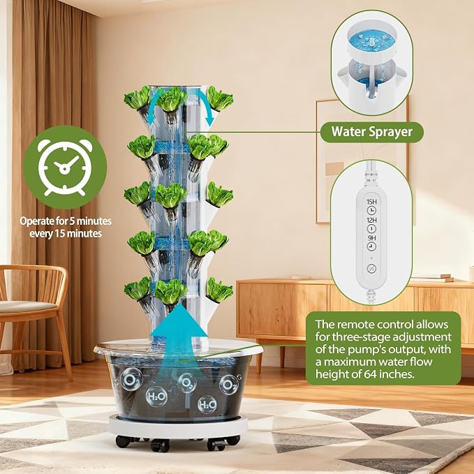 SPECILITE Hydroponics Growing System Kit, Hydroponic Tower, 5 Tiers 20 Pods | with Wheels, Pump & Timer, 30L Large-Capacity Water Tank, Automatic Watering System, Beginner-Friendly, for Vegetables, Fruit