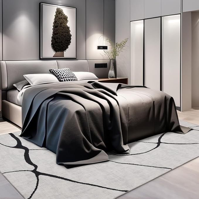 8x10 Washable Modern Abstract Black White Area Rug | Ultra-Thin Low Pile, Non-Slip TPE Backing, Soft Stain Resistant, Machine Washable, for Bedroom Livingroom High Traffic