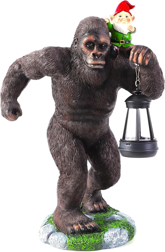 Solar Bigfoot Garden Statue with Gnome & Lantern, 16 Inch Sasquatch Decor | Large resin outdoor statue for patios and yard. Funny Bigfoot gift for husbands, dads, grandpas and Sasquatch fans.