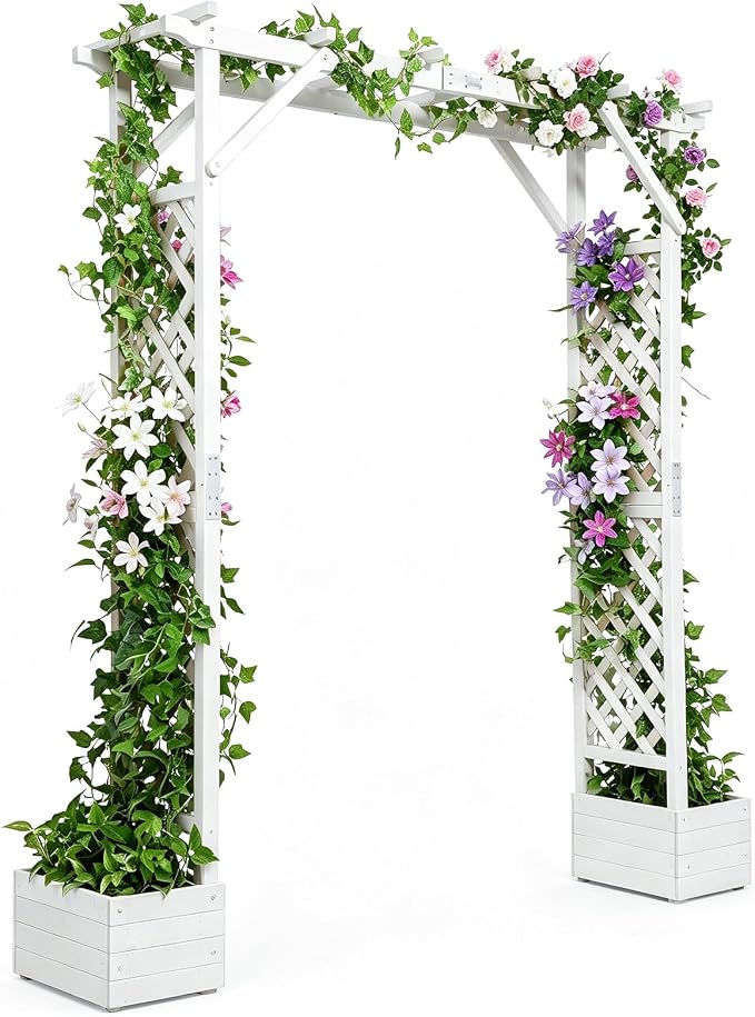 VINGLI Wooden Garden Arbor with Planter, Wedding Arch for Ceremony, Wood Garden Arbour Trellis for Plant Climbing, Pergola for Garden Backyard, Lawn, Outdoor (White)