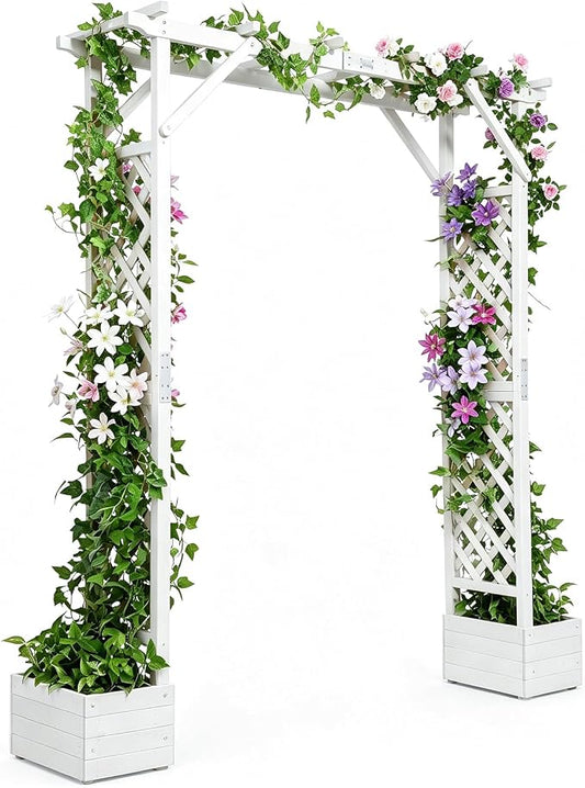 VINGLI Wooden Garden Arbor with Planter, Wedding Arch for Ceremony, Wood Garden Arbour Trellis for Plant Climbing, Pergola for Garden Backyard, Lawn, Outdoor (White)