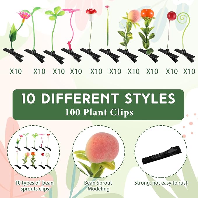 Tigeen 100 Pieces Bean Sprout Hair Clip Funny Plant Hairpins Grass Flower Butterfly Mushroom Hair Accessories (Assorted)