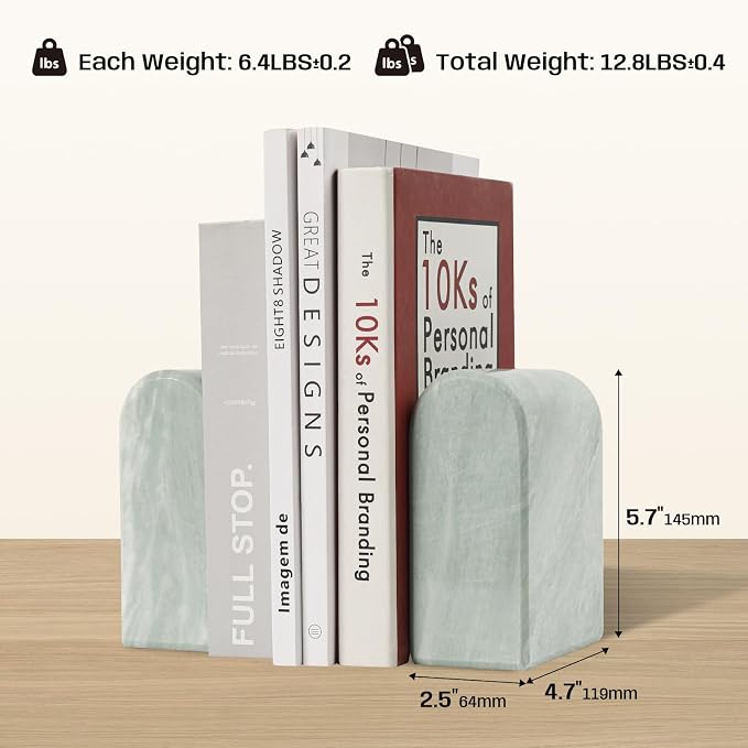Marble Bookends for Shelves, Decorative Book Ends, 13lbs Heavy-Duty Marble Book Holders, Stone Bookshelf Decor, Light Green