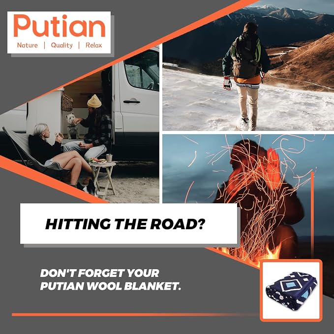 PuTian Merino Wool Blanket - 87" x 63" Thick Warm Soft Large Bed Throw - Great for Camping, Outdoors, Travel, Car, Couch, All Seasons, Blue Check