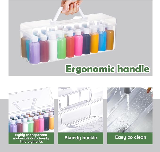 Threehoney 1 Pcs Acrylic Paint Storage Box for 2 Fl. oz Acrylic Paints, Portable Craft Art Organizer with Handle, 30 Bottles Capacity Plastic Art Supply Clear Boxes (White)