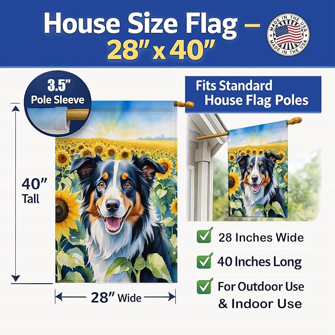Caroline's Treasures DAC6032CHF Border Collie in Sunflowers House Flag Large Porch Sleeve Pole Decorative Outside Yard Banner Artwork Wall Hanging, Polyester, House Size, Multicolor