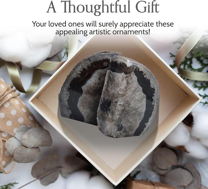 Nature's Decorations A Quality Black Agate Geode Bookends - Heavy Duty with Non-Skid Rubber Bumpers for Shelves, Office, Home Decor - Cool Crystal Stone (1 Pair 3-4 LB)