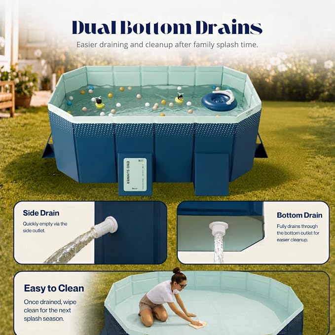 82.67-Inch Foldable Swimming Pool, Blue Non-Inflatable Rectangular Pool for 3-4 People, 4-Layer Composite PVC, Aluminum Alloy Frame, Dual Drains for Backyard Summer Fun