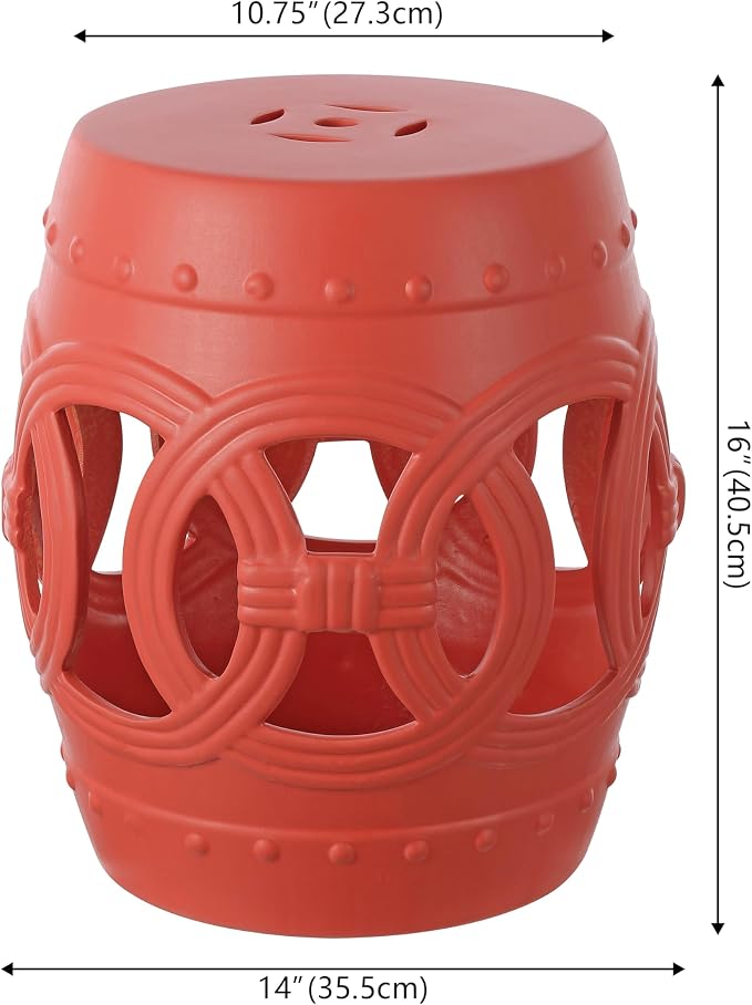 JONATHAN Y Lucky Coins 16" Ceramic Garden Stool, Contemporary Matte Coral Cutout Interlocking Rings Drum Indoor/Outdoor Side Table and Plant Stand for Patio, Garden, Living Room TBL1022G