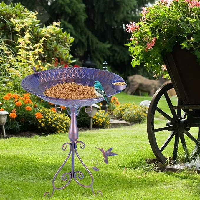 DREAMSOUL 20" Dia Large Bird Bath Stand, Purple Bird Bath for Outside with Peacock Feather Pattern 4" Deep Birdbath for Lawn Patio Decor