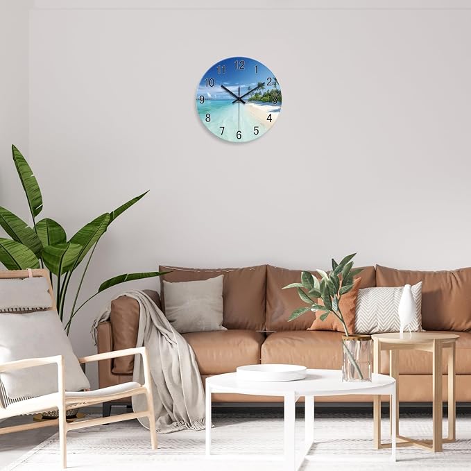 XFM Beach Wall Clock Battery Operated 14 Inch Blue Tropical Hawaii Coastal Wall Clocks for Living Room Bedroom Home Office Decor Silent Non-Ticking