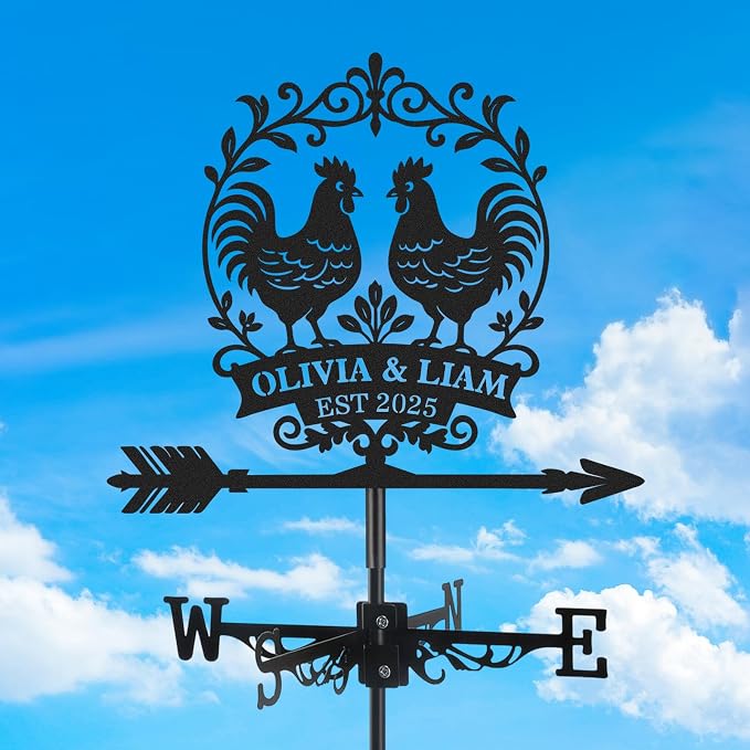 Personalized Metal Weather Vane, Custom Name Weathervane, Chicken Coop Signs, Weather Vanes for Outside, Wind Vanes for Farmhouse Yard Shed Decor, Housewarming Gifts Color03