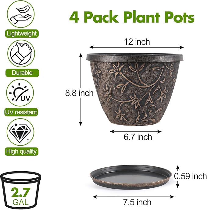 Nooulap 12 Inch Pots for Plants with Drainage, Large Plastic Flower Pots Outdoor Indoor, Decorative Planters with Gold Flower Pattern for Home, Porch, Balcony & Garden (Retro Brown)