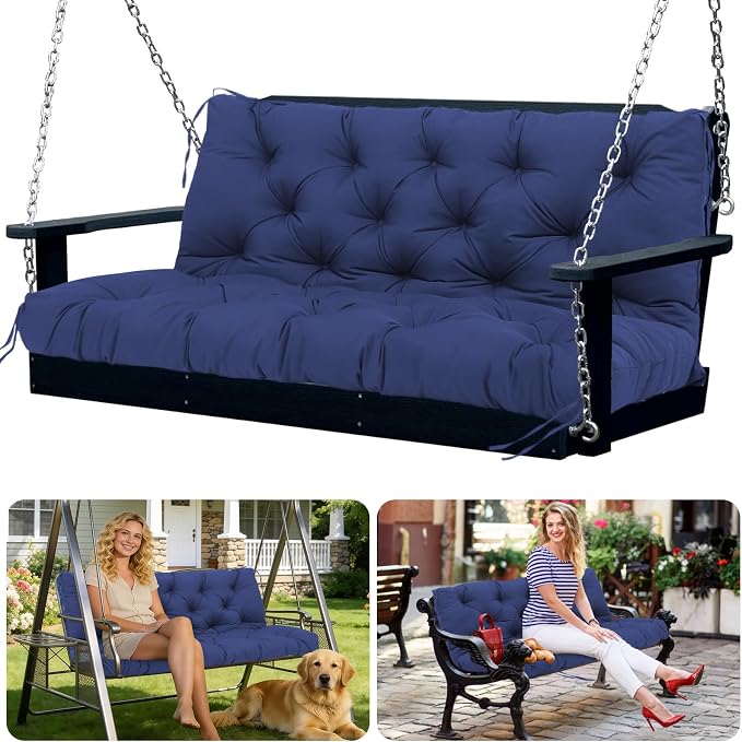 Porch Swing Cushions 2 Seater Replacement Thicken 5" Waterproof Swing Cushions for Outdoor Furniture Bench Patio Swing Cushion with Backrest & Ties(Navy Blue 48x40x5inch)