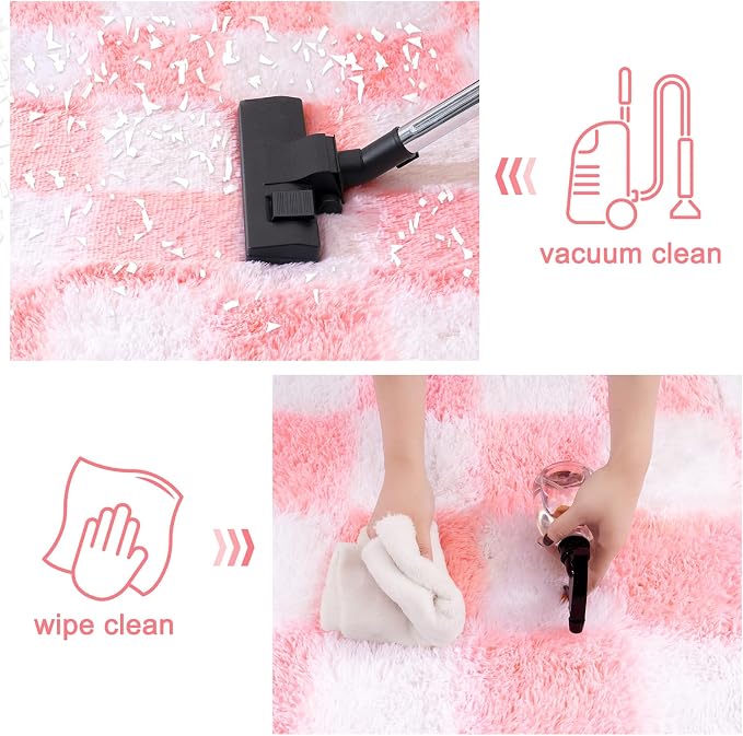 Checkered Rug 9x12 for Living Room, Ultra Fluffy Fuzzy Shag Large Area Rug for Bedroom, Modern Plush Soft Upgrade Non-Slip Carpet for Kids and Girls Room Dorm Home Decor, Pink and White