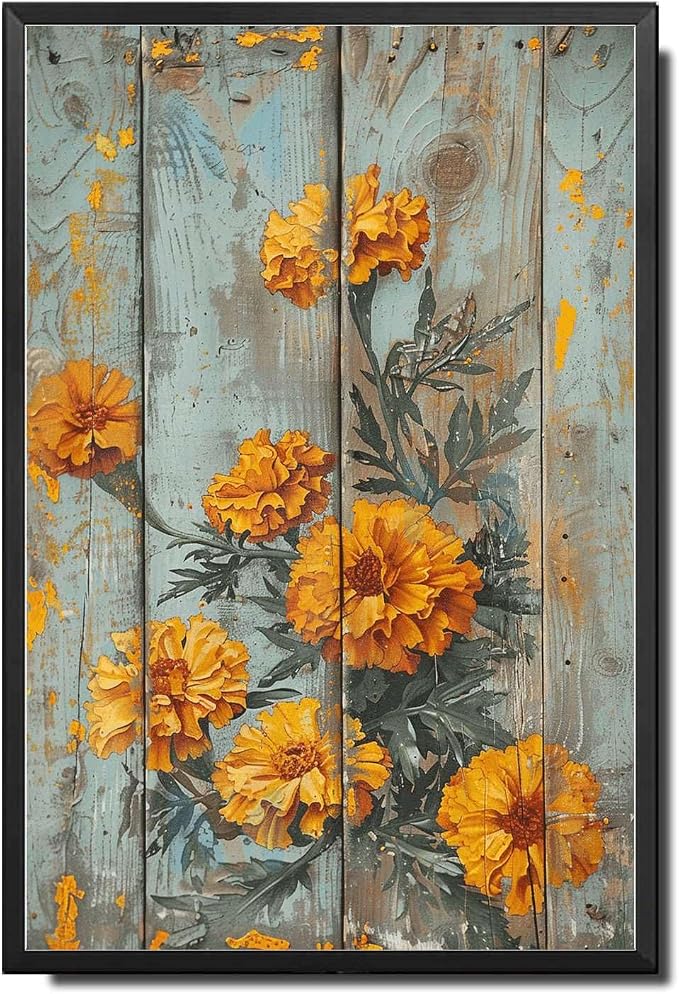 Metal Sign Tin Sign Vintage Wall Art Antique Exuberance Marigolds Tin Sign for Shabby Chic Style Bright Petals Displays and Corrosion Wall Art for Room 6×8 Inches with Metal Frame