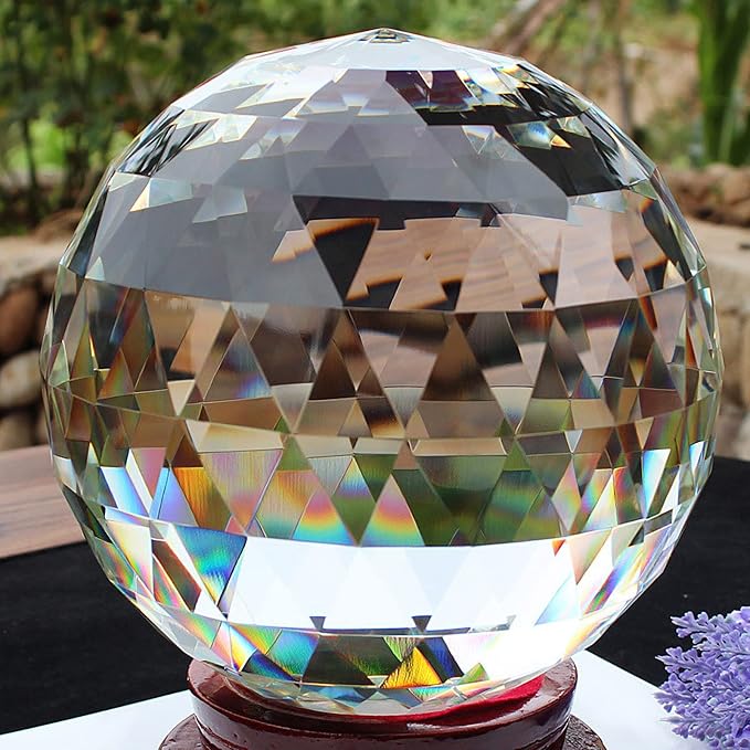 Tirifer Clear Glass Crystal Ball Prisms with Stand, Window Rainbow Maker Sphere Faceted Gazing Ball for Home Décor, Christmas, Wedding, Suncatcher (120mm/4.72in)