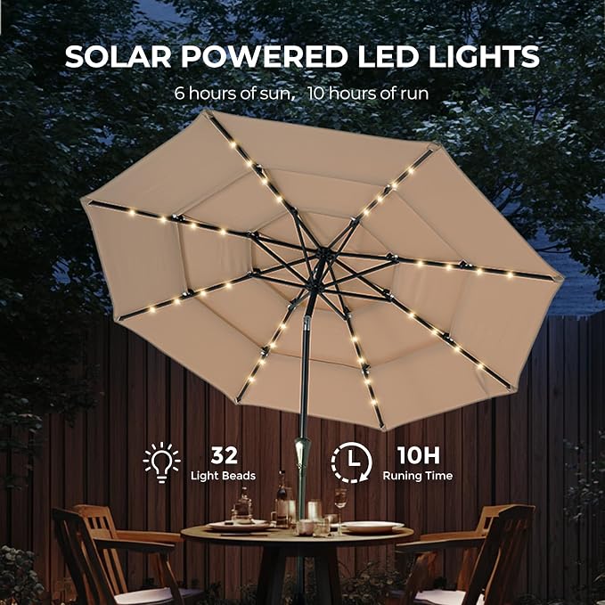 HOMSHADE 3-Tier Patio Umbrella with Solar Lights(Beige,No Base) | 5-Year Fade Resistant;32 LED Lights;Windproof;8 Thicker Ribs;UPF50+;Pool,Lawn,Garden,Deck