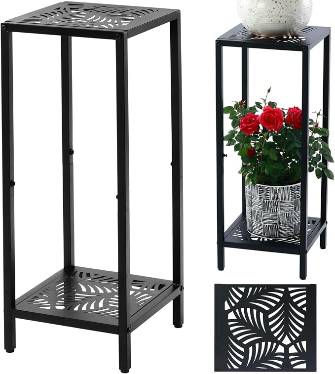Party Zealot 2-Tier Tall Metal Square Plant Stand 31" Heavy-Duty Modern Flower Pot Rack for Indoor Living Room, Corner Side Table for Outdoor Patio, Garden, and Balcony Black, Leaf