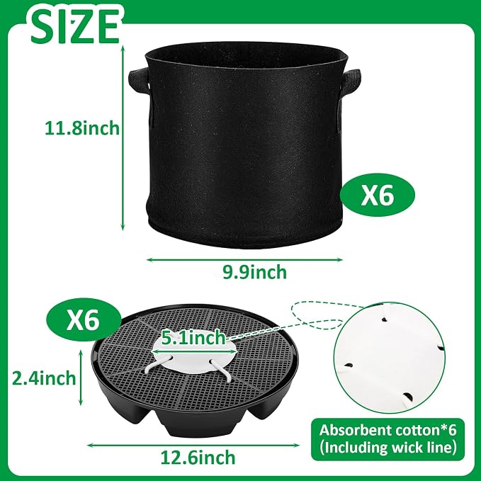 Jingmore 6 Set 3 Gallon Grow Bag Self Watering Fabric Pot Base Automatic Watering System Plant Nonwoven Grow Bag Handle Plant Saucer Elevate Flower Tray for Garden Indoor Outdoor Greenhouse (Black)