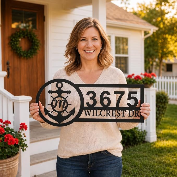 Custom Metal Address Sign Personalized House Number Plaque with Anchor Monogram Nautical Outdoor Address Marker for Front Door Porch Yard Gate Fence Wall Decor