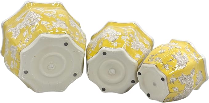 Galt International Yellow & White Round Fluted Floral Porcelain Ceramic Plant Flower Planter Pot Set of 3 (7.5", 10", 13") Garden Pots Chinese Asian Design