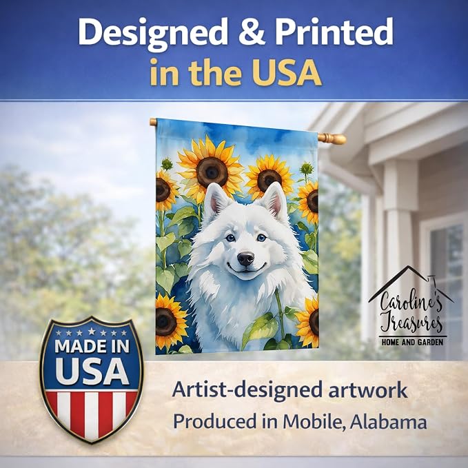 Caroline's Treasures DAC6008CHF American Eskimo in Sunflowers House Flag Large Porch Sleeve Pole Decorative Outside Yard Banner Artwork Wall Hanging, Polyester, House Size, Multicolor