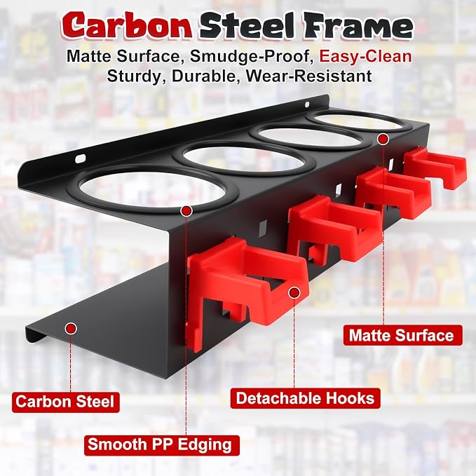2 Pack Spray Bottle Holder Wall Mount, Carbon Steel Heavy-Duty Car Detailing Bottle Organizer, Spray Can Holder Rack with 4 Holes & 4 Hooks, Space Saving Storage Holder for Garage Workshop Van Shed