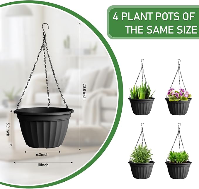 FGstyle Hanging Planters 10 Inch, 4 Pcs Self Watering Pots for Indoor Plants,Plastic Hanging Basket with Soil Elevator and 20" Chain for Home Garden Porch Balcony Patio Decor(Black)